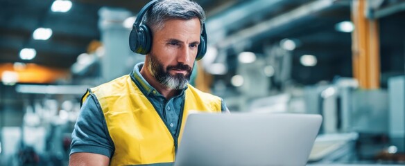 The focused worker using a laptop in an industrial setting with headphones.