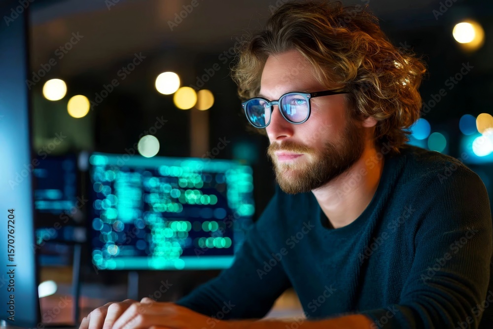 Poster a skilled it professional manages technology issues while surrounded by a modern workspace.