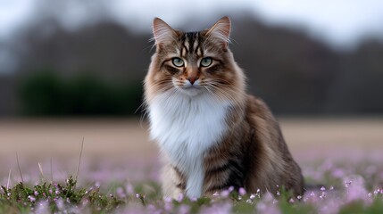 Fluffy cat in a field of flowers