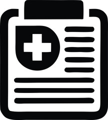 Obraz premium A black and white icon representing a medical document or health record with a cross symbol on a clipboard