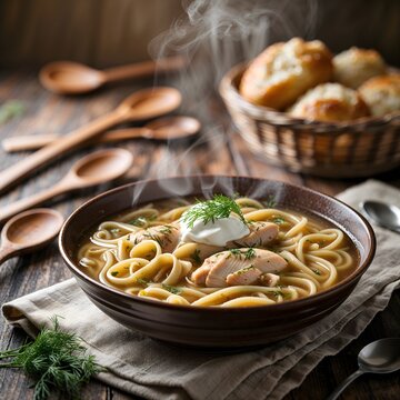 Russian lapsha chicken noodle soup in deep plate