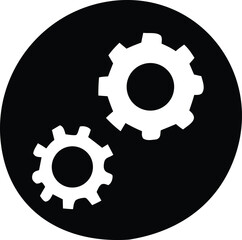 Two white interlocking gears are prominently displayed against a solid black circular background symbolizing mechanics and collaboration