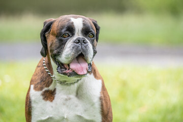 beautiful 3 years old purebred golden brown german boxer dog puppy jumping playing outdoor shooting