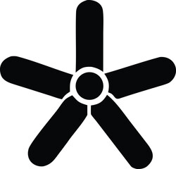 Stylized black silhouette of a five bladed ceiling fan with rounded tips on a white background