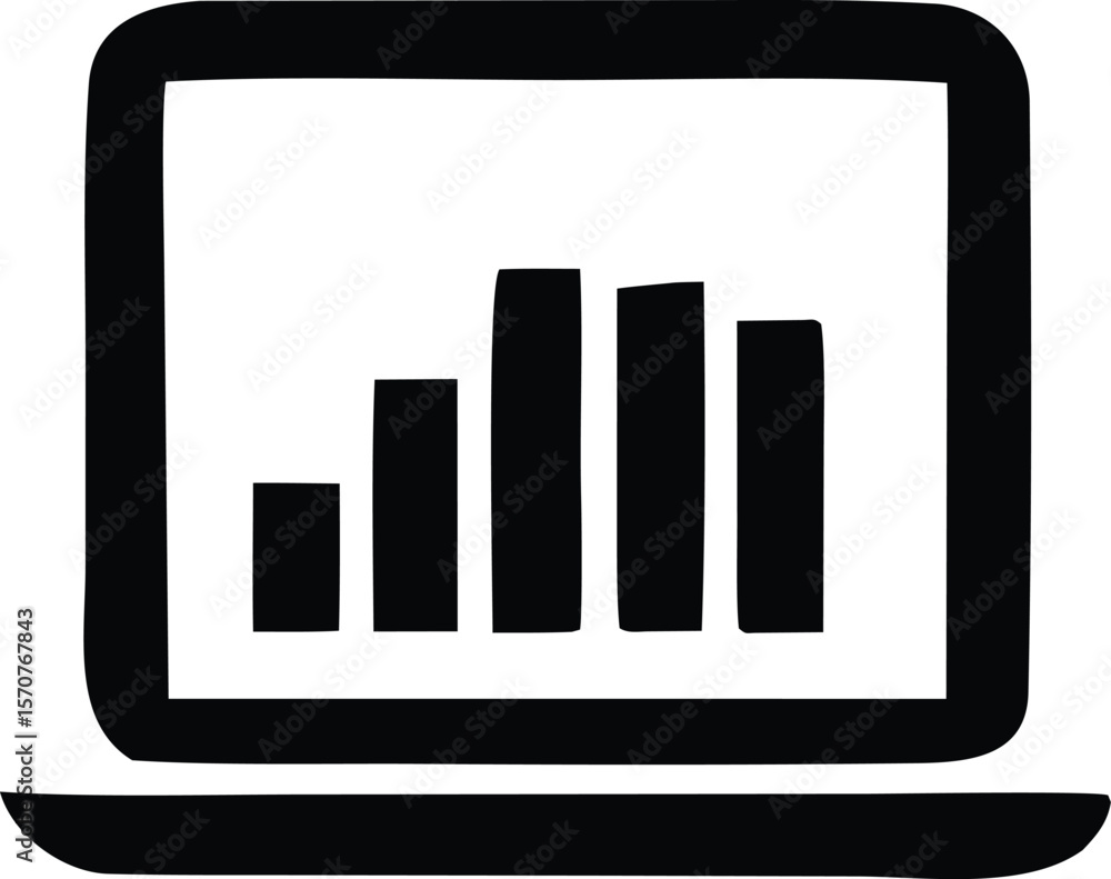Poster simple black and white icon of a laptop displaying a bar graph with increasing heights representing 