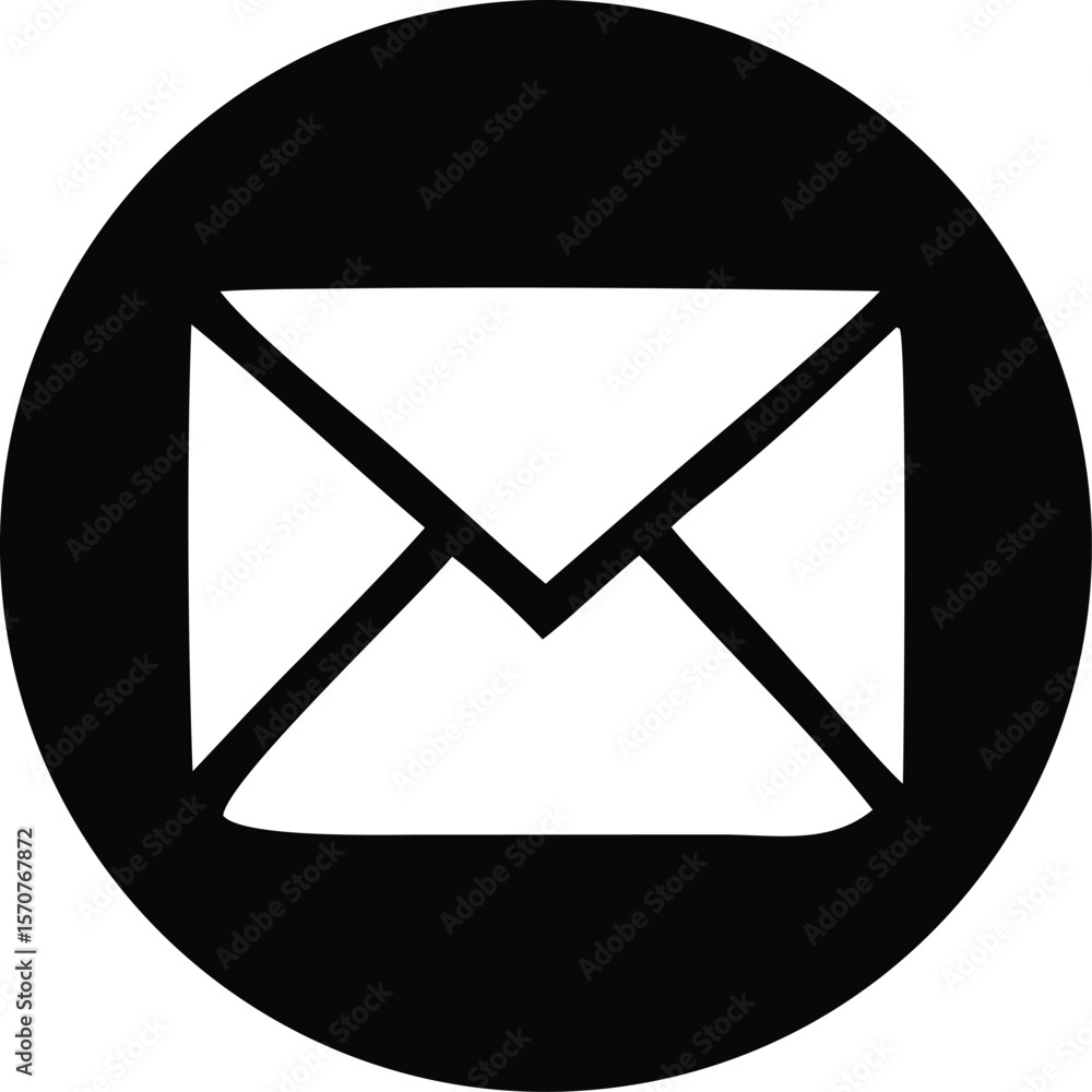 Poster simple black and white icon depicting a closed envelope symbol within a solid black circle represent