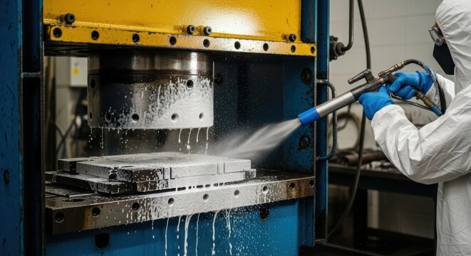 Professional industrial equipment cleaning process with safety gear in factory setting