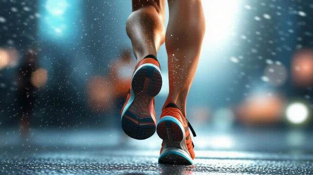 A person is running in the rain with their feet in the air. The image has a mood of determination and perseverance