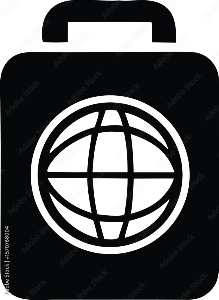 Poster simple black and white icon representing a suitcase with a globe symbol on its front symbolizing tra