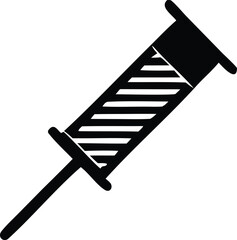 Simple black and white graphic illustration of a syringe with a plunger and barrel presented diagonally on a white background