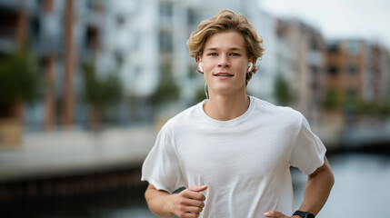Young man jogging by a riverside path in morning light