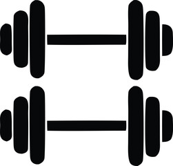 Two black silhouette dumbbells with rounded ends and thick weight plates arranged horizontally on a white background