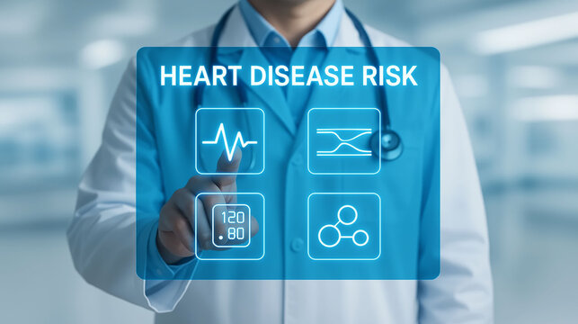 Heart disease risk diagnosis concept with doctor pointing at cardiology interface showing cholesterol data and digital health analysis in medical setting