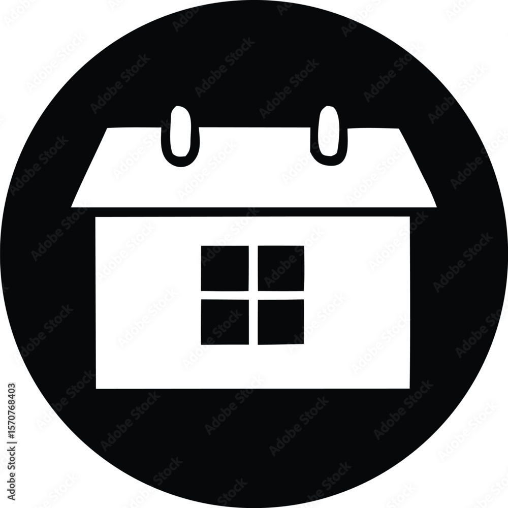 Poster simple black and white icon representing a calendar with a four pane window and a curved top symboli
