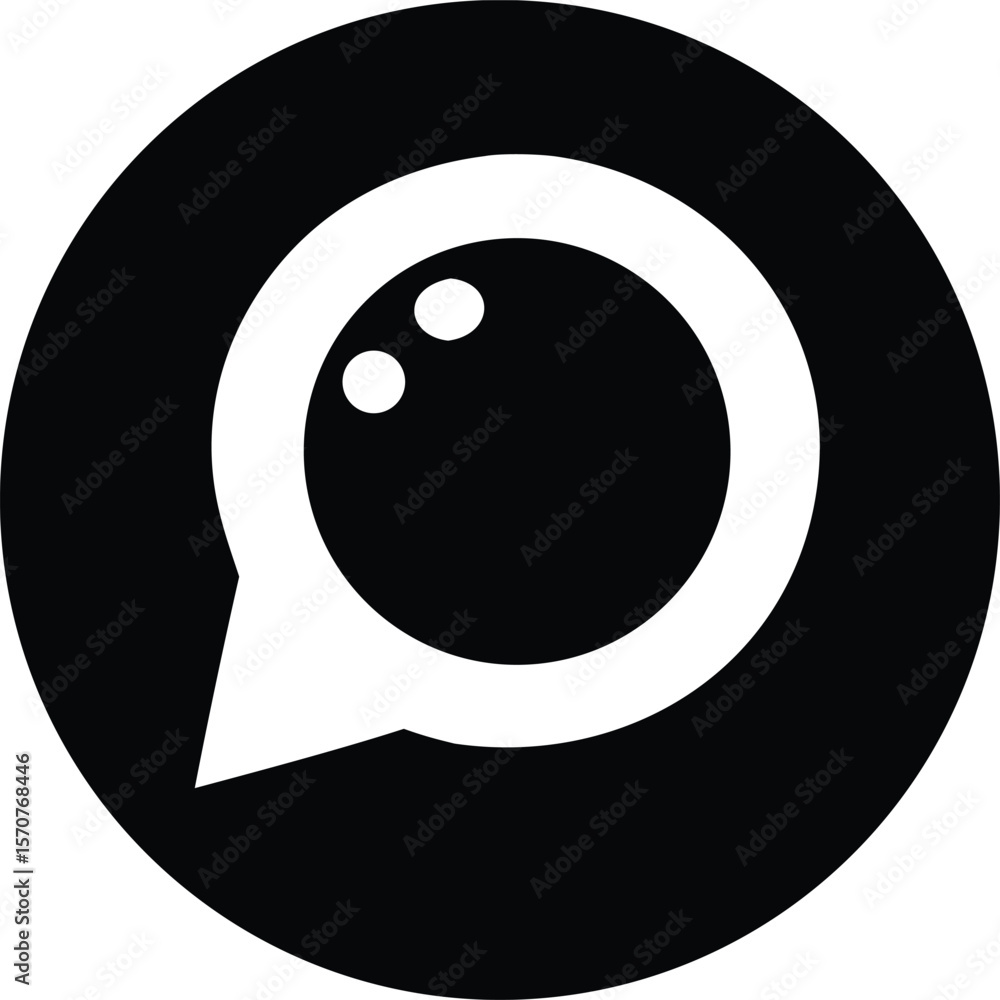Poster a minimalist black circle icon features a white speech bubble containing two white dots resembling a