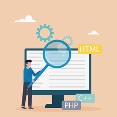 Software development concept. A man creates applications and programs, tests code, works in the IT industry. Vector illustration.	