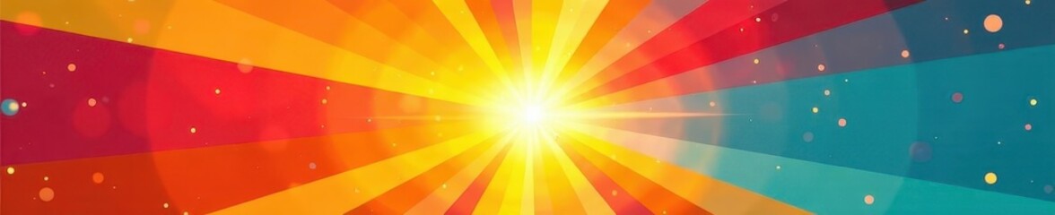 Obraz premium Vibrant sunburst radiating outwards, summery color palette, rays, advertisement