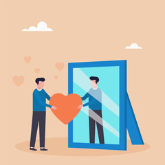 Body positive concept. A man looks at his reflection in the mirror, expressing love and care for himself. Love yourself. Love your body. I love me. Vector illustration.	