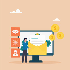 Marketing dashboard concept. A customer receiving an automated marketing message. Marketing automation system, automated advertising message. The guy is holding a letter. Vector illustration.	