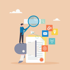 Internet marketing, SEO tools concept. Businessman with megaphone and media icons working on search engine optimization. Vector illustration.	