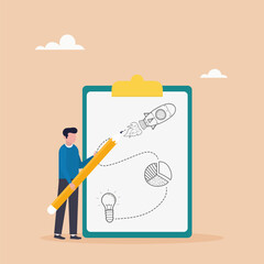 Strategic planning concept. A man analyzes data statistics, creates a development plan, improves strategy. Vector illustration.	
