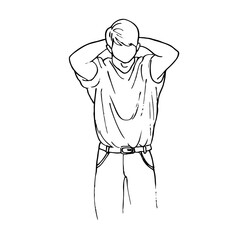 man standing in t-shirt and jeans with hands on back of head, head down - hand drawn line art