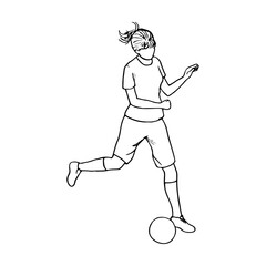 woman soccer player kicking ball - hand drawn sketch line art illustration