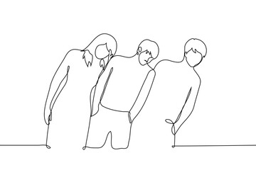 group of friends standing shoulder to shoulder together leaning to one side - one line art vector. concept friends having fun, thinking in the same direction, like-minded people