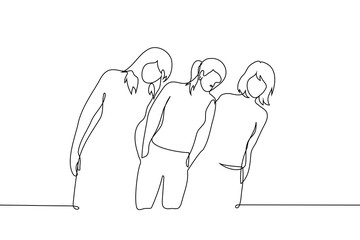 group of girlsfriends standing shoulder to shoulder together leaning to one side - one line art vector. concept friends having fun, thinking in the same direction, like-minded people
