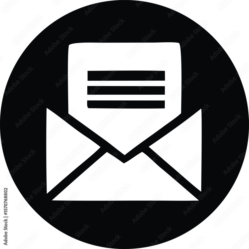 Poster a simple black and white circular icon featuring an open envelope with a document inside symbolizing