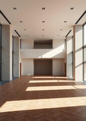 Fototapeta premium Spacious and modern empty room with herringbone floor Empty room interior design architecture blank design room striking structures clean lines geometric shapes dramatic angles play of light 
