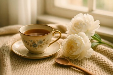 Obraz premium Vintage porcelain teacup with delicate blue floral pattern and white peonies on cozy knitted blanket