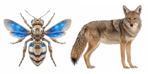 A robotic bee with blue accents and a coyote standing on a black background side by side