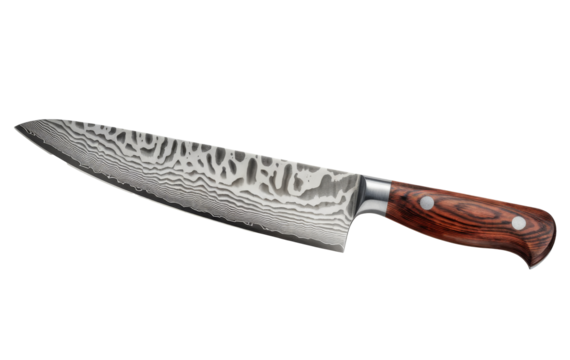 chef's knife with damascus steel blade on white background