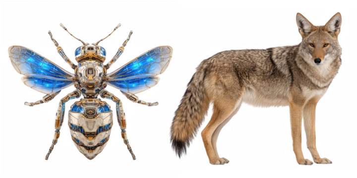 A robotic bee with blue accents and a coyote standing on a black background side by side