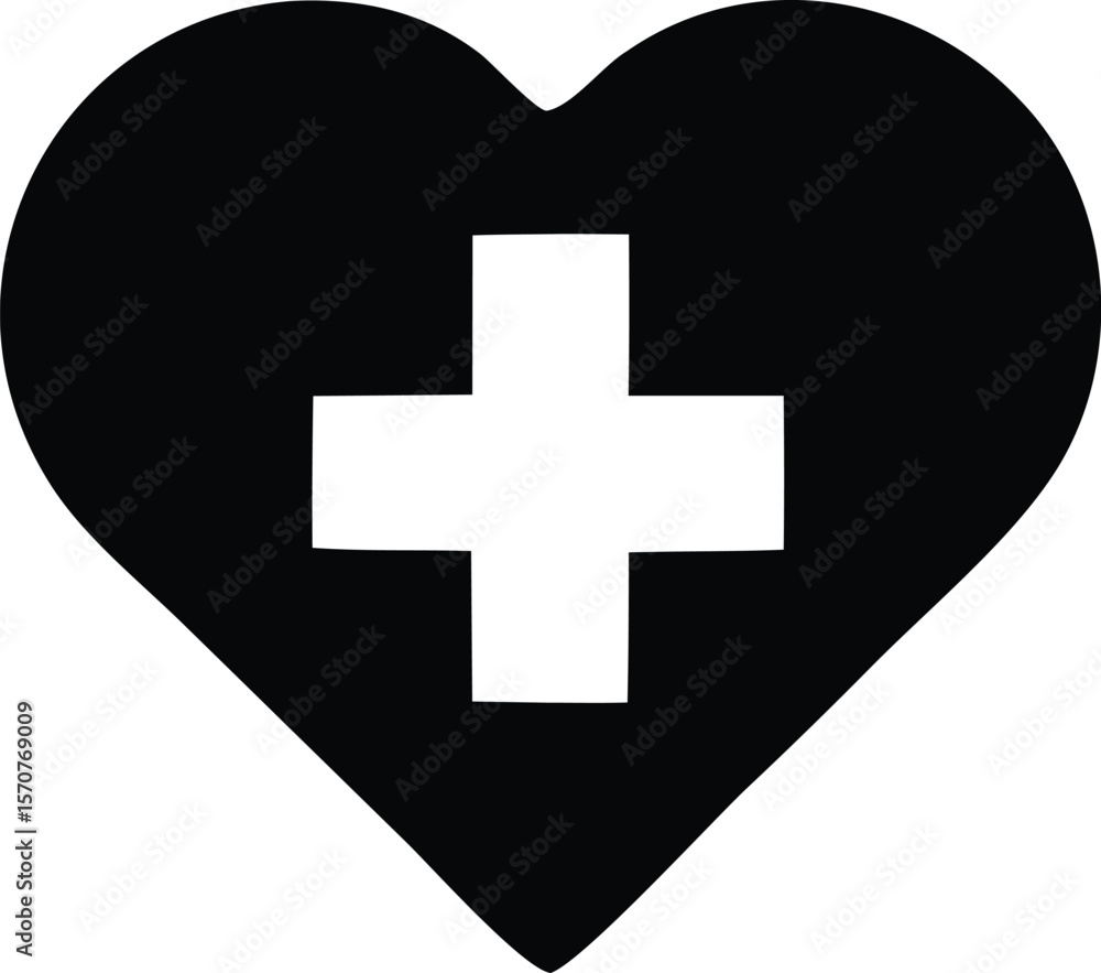 Poster a stark black heart shape with a bold white plus sign centered within its form symbolizing health an