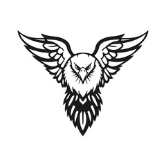 Eagle in clear black and white vector style, detailed feathers, strong beak, intense and focused look, bird of prey, vector eagle, fierce bird