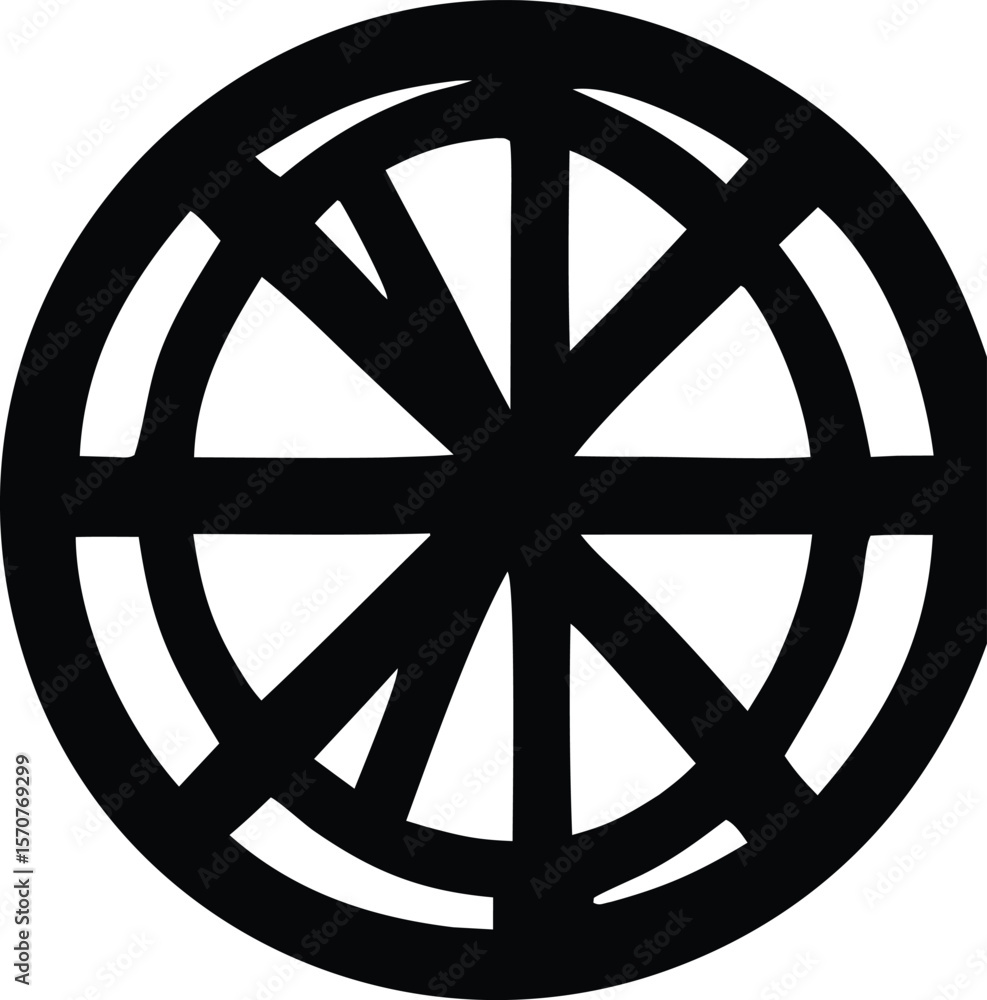 Poster abstract geometric black and white circular symbol with radiating lines and concentric arcs creating