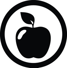 Simple black silhouette of an apple with a leaf inside a bold black circle on a white background