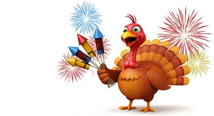 Cartoon turkey with fireworks