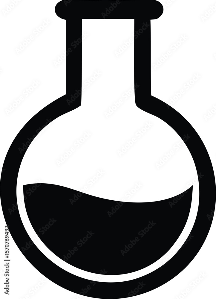 Poster simple black and white icon of a round bottomed laboratory flask containing a dark liquid symbolizin