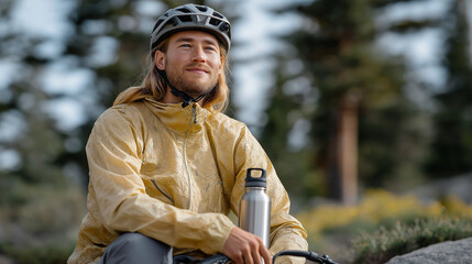 Cyclist Taking a Hydration Break in a Pine Forest