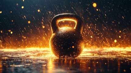 Kettlebell in fire motion in dark background, represent gym resting 