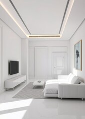 Fototapeta premium Modern interior of studio apartment in gray and white colors and tones white furniture and door expensive and luxury design Empty room interior design architecture blank design room striking st