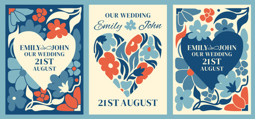 Contemporary wedding invitation templates with hand drawn bold floral designs, personalized details, and copy space for customization. Invitation cards for romantic and modern
