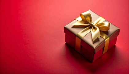 Gift Box with Gold Ribbon on Red Background