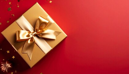 Gift Box with Gold Ribbon on Red Background