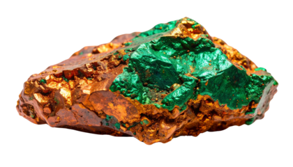 Copper ore rock with greenish tinge, isolated on transparent background.