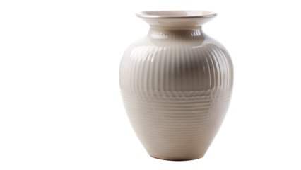 Elegant beige ceramic vase with ribbed texture, isolated on transparent background