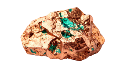 Copper ore rock with greenish tinge, isolated on transparent background